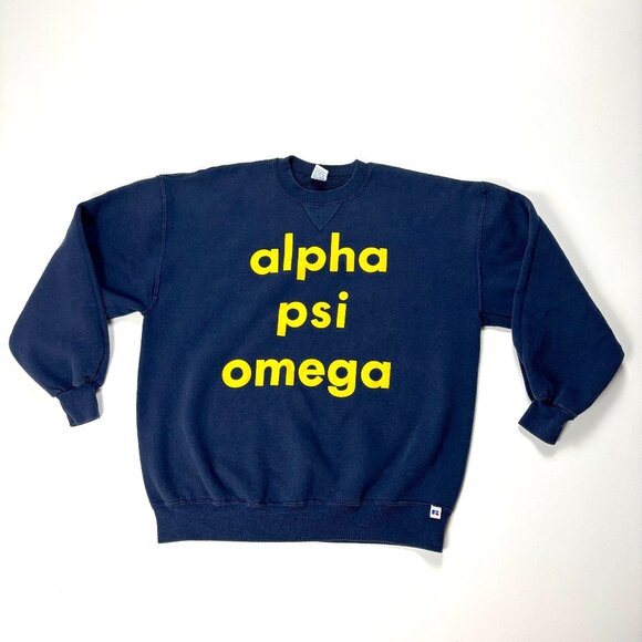 VTG Alpha Psi Omega Crewneck Sweatshirt Blue Sz XL Russell Athletic Frat Theatre - Picture 1 of 6